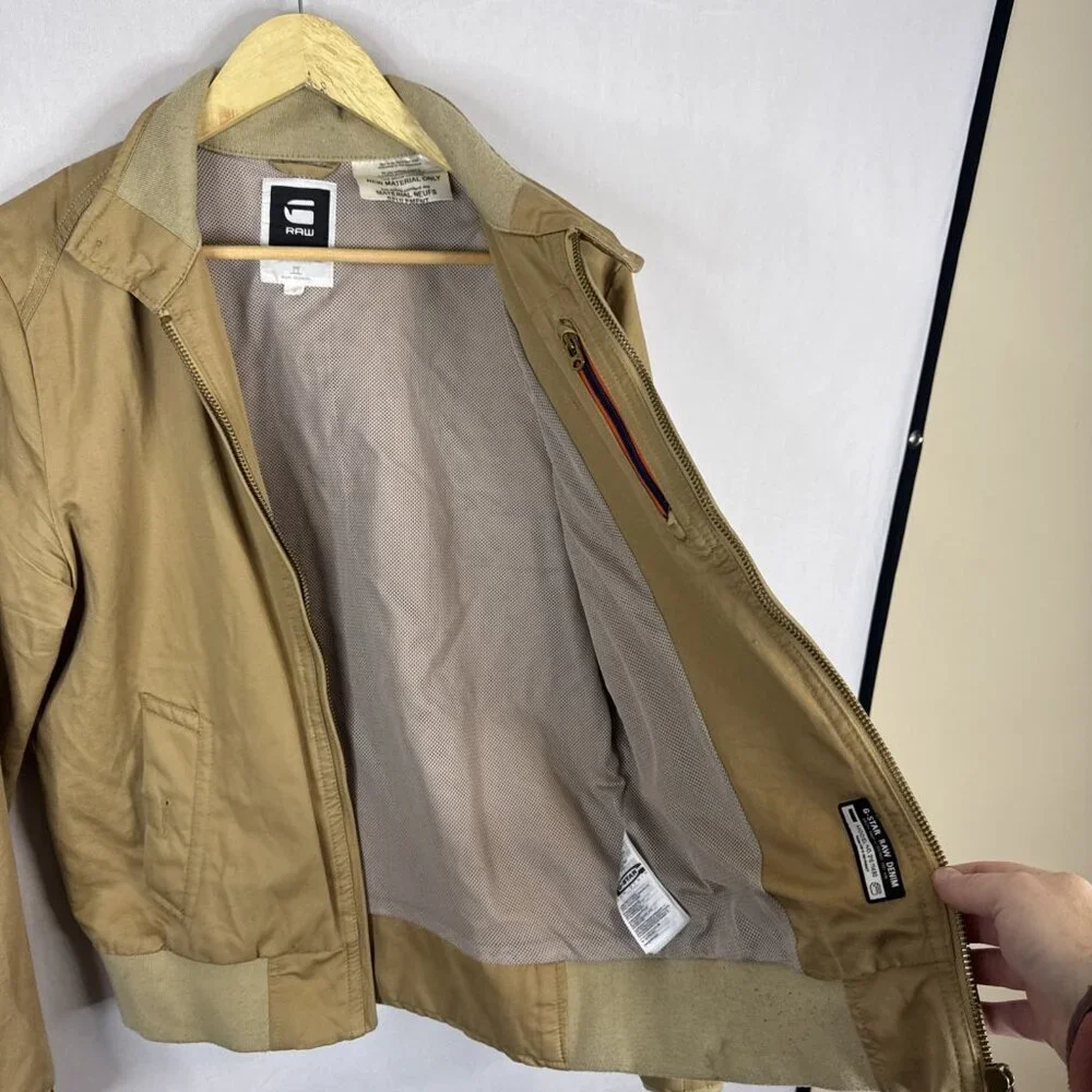 G Star Raw Fleet JKT Bomber Jacket Tan Cotton Linen Zip Front Mens M‎ Harrington
